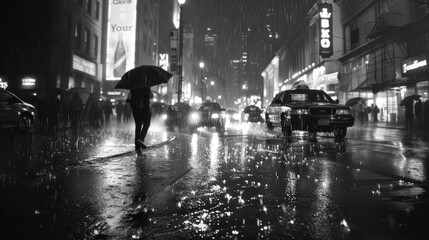 Dramatic Black and White City Street in Rainstorm with Striking Lighting and Reflections for Poster Design