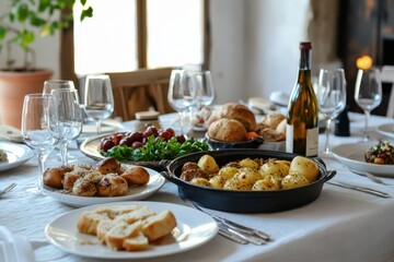 Greek independence day festive table setting with traditional food and wine. Horizontal banner. Copy space. Holiday decorated table