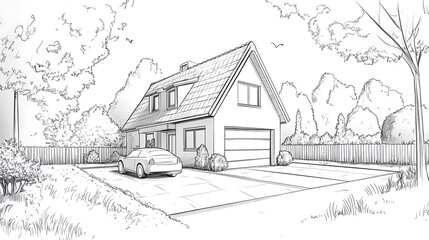Modern, cosy house by the river with a garage, for sale or rent, depicted in a 3D rendering sketch, Soft light shadows and a black line drawing on a white background