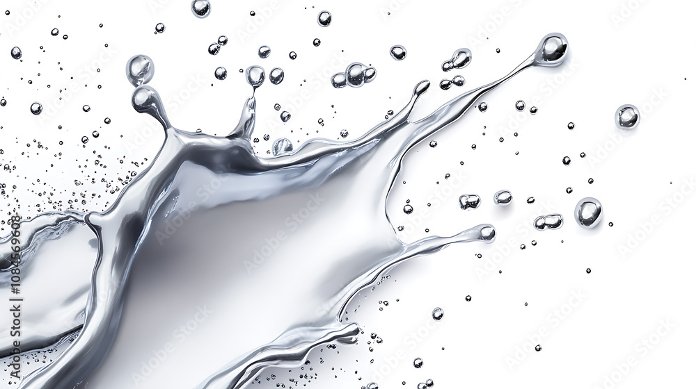 Aufkleber Realistic metal drops are depicted in 3D chrome paint splash, with mercury drip and liquid silver blob shapes on a white background, creating glittering brushstrokes for artistic effects