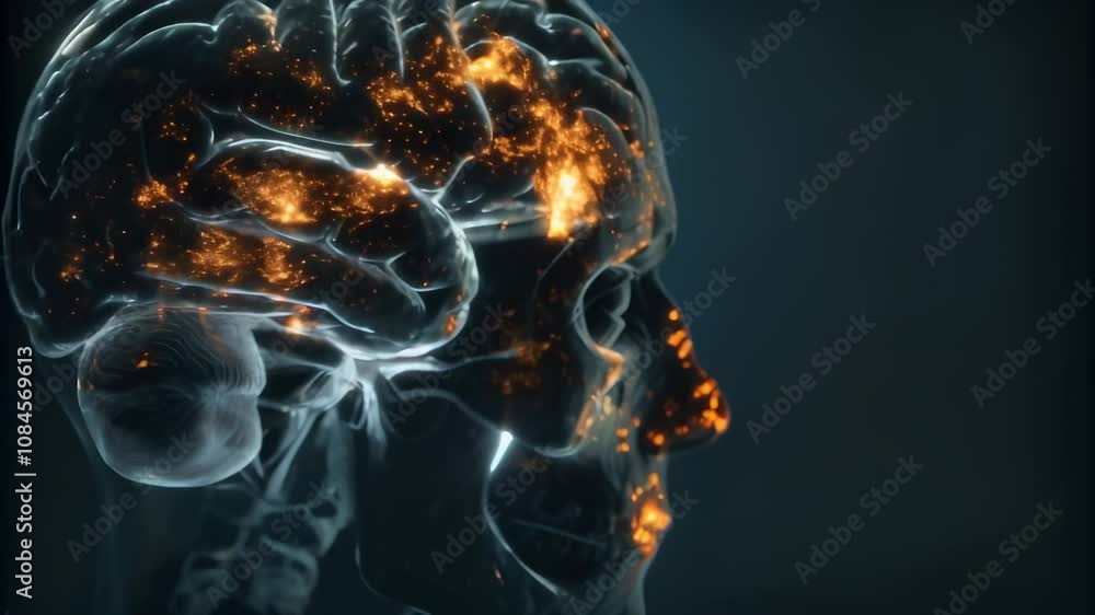 Aufkleber The human brain lights up with orange areas, showing activity and connection, revealing intelligence and complexity. This 3d rendering explores science, biology, and neurology