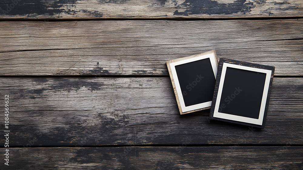 Poster polaroid frames mockup on wooden table
