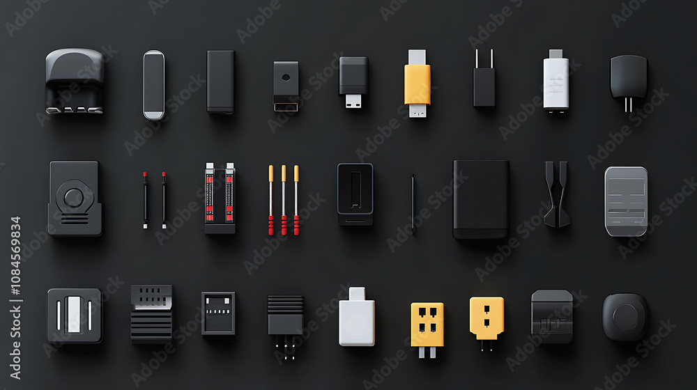 Poster various socket plug-in for gadgets and electronics devices, realistic usb connector for smartphones