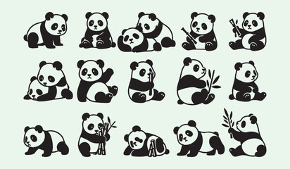 Obraz premium Adorable panda bears vector bundle featuring cute clipart, cartoon, and line art designs.