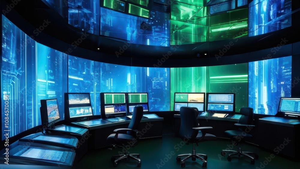 Poster high-tech control room with multiple screens and futuristic lighting.