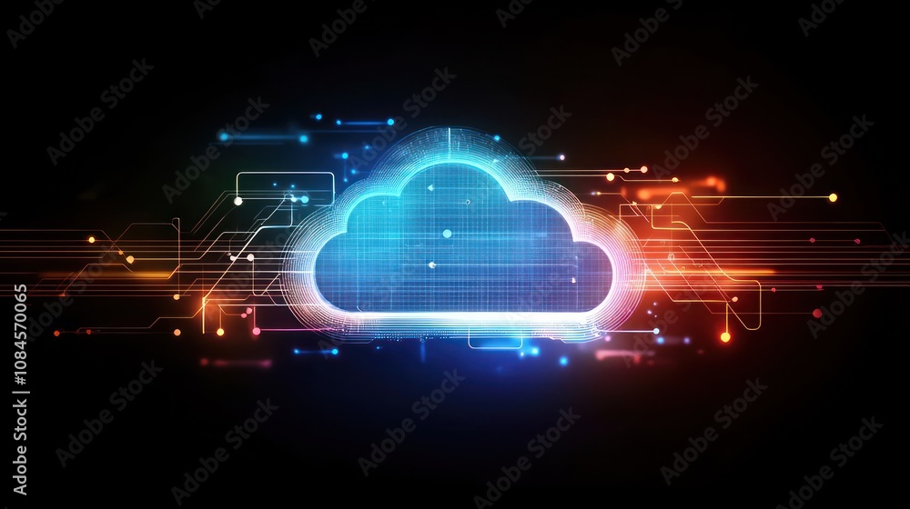 Aufkleber a stylized cloud symbol with colorful data streams, representing cloud computing and technology.