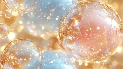 Naklejka premium Shimmering iridescent bubbles with glittering light reflections in soft pastel hues