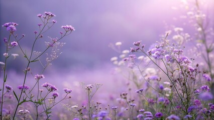Obraz premium Violet Floral Background with Delicate Wildflowers, whimsical garden, pastel colors, wildflower field, bohemian style
