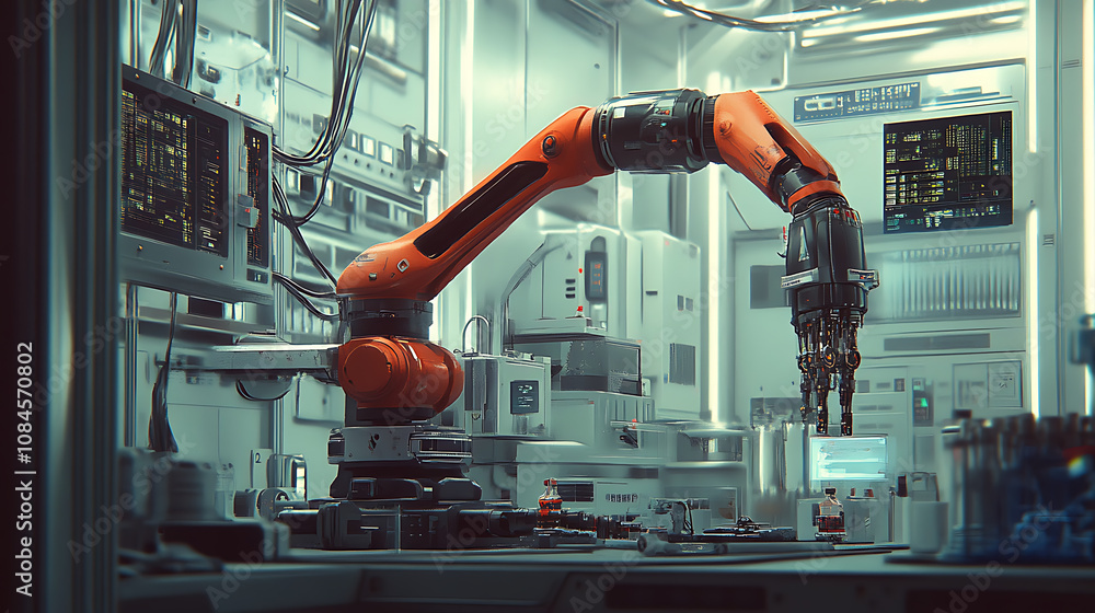 Poster vertical animation , futuristic robotic arm in a high-tech laboratory environment