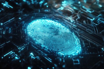 Futuristic technology concept featuring a glowing digital fingerprint in blue light