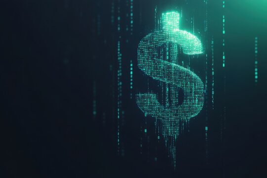 Glowing dollar symbol with binary code background for digital finance and technology themes