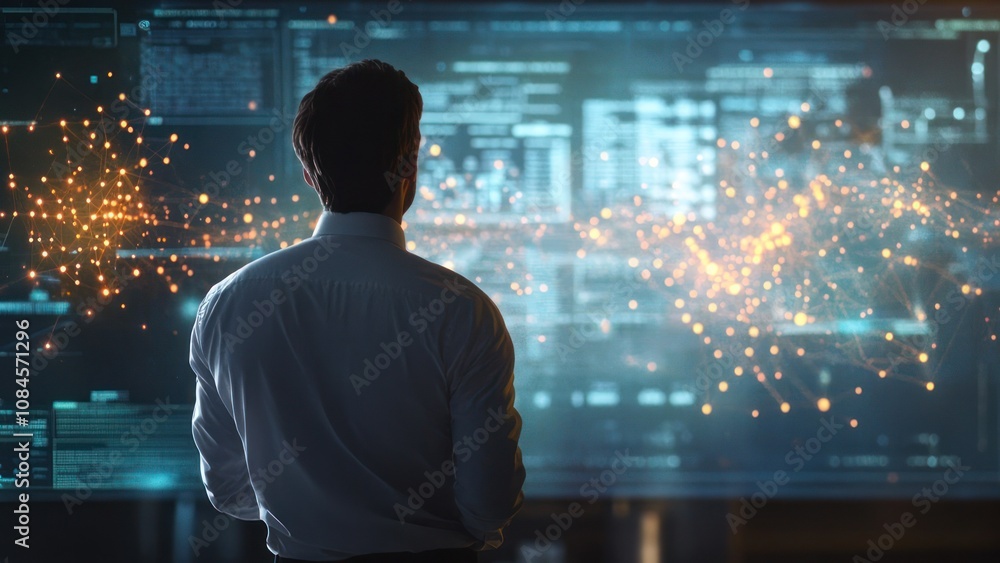 Poster a person analyzing data on a futuristic screen with visualized information.