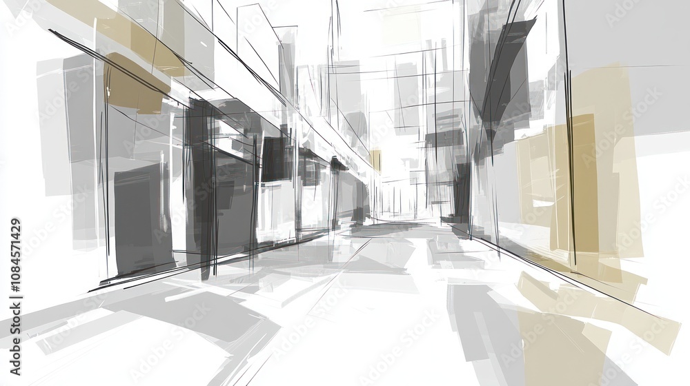 Poster abstract depiction of a minimalist architectural space with geometric shapes and lines.