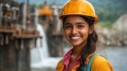 Smiling female engineer at hydroelectric dam.