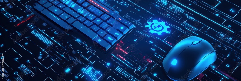 Poster a sleek computer keyboard paired with a mouse sits atop a glowing digital circuit pattern, showcasin