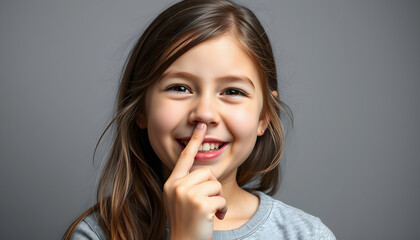 Portrait of teen girl pick her nose on grey background. Funny cute child with finger in nose. Health care and hygiene concept. Girl picking nose and laughs isolated with white highlights, png
