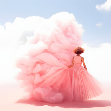 Woman in Flowing Pink Dress with Dreamy Clouds