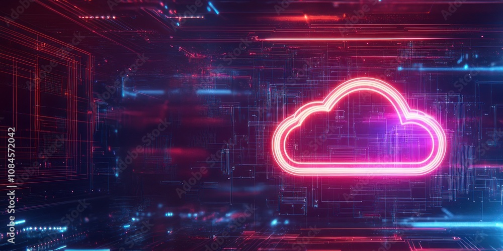 Poster digital cloud symbol with neon effects in a high-tech environment.