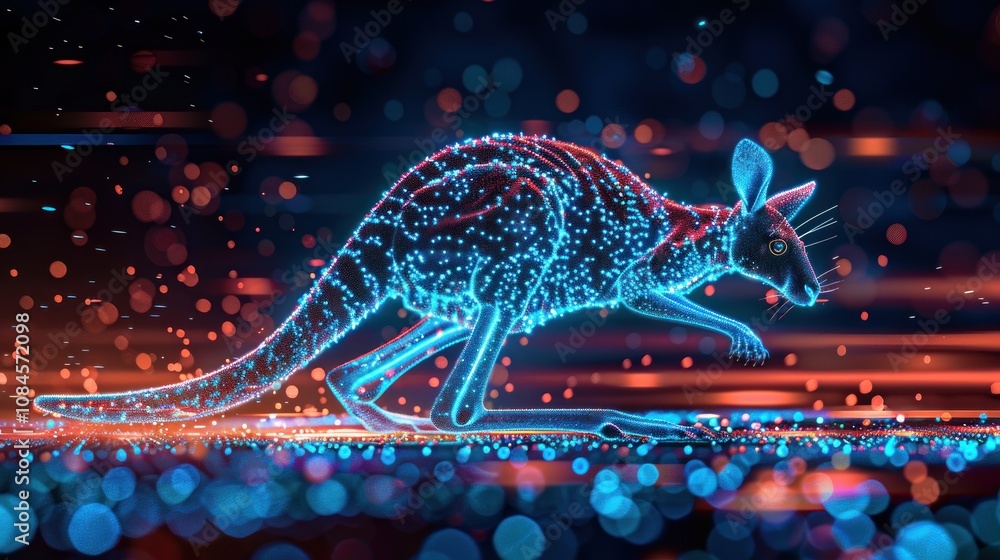 Poster a glowing blue and red digital kangaroo leaps forward against a dark background with colorful bokeh 