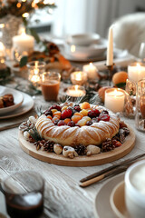 cozy room with a beautifully set table for Epiphany Three Kings Day, featuring a traditional Rosca de Reyes almond cake as the centerpiece. This festive setup captures the warmth and joy of holiday ce