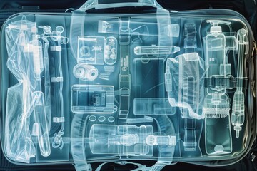 X-Ray View of Backpack Contents: Electronics and Toiletries for Travel Security Checks