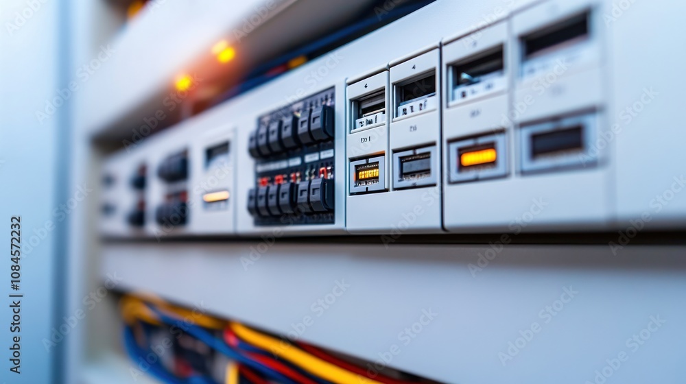 Aufkleber close-up of electrical control panel with switches and indicators for monitoring systems.