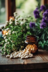 Fototapeta premium Herbal remedy preparation on a wooden table in a garden during daylight