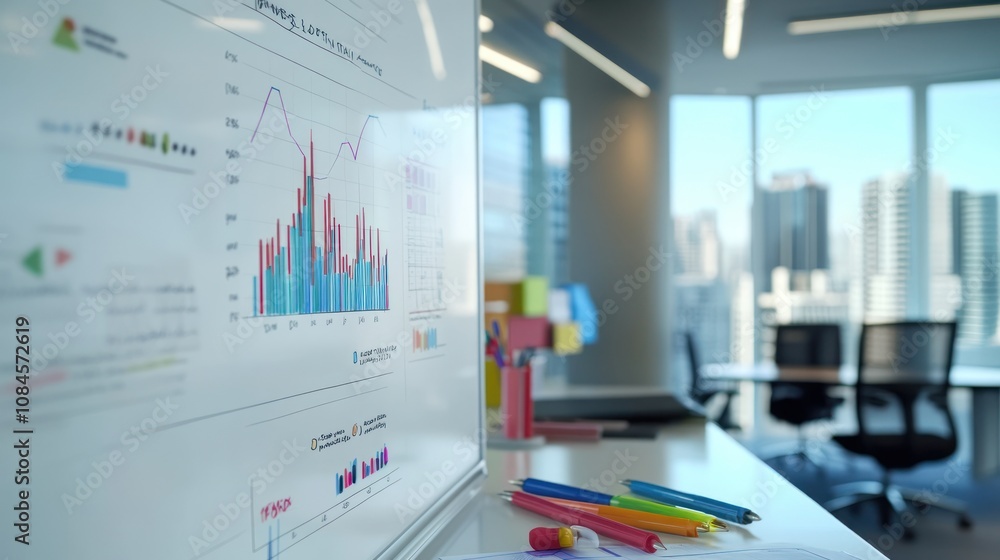 Poster a modern office space featuring a whiteboard with graphs and data analysis tools.