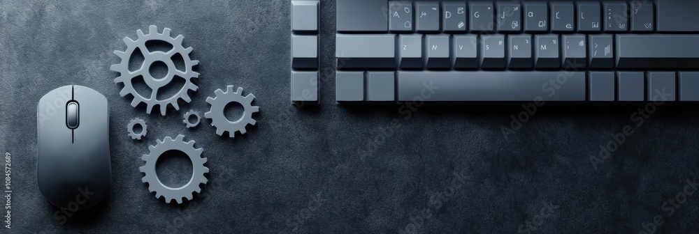 Aufkleber A sleek keyboard along with a mouse and several gears placed on a dark surface, reflecting a tech-savvy work environment. Generative AI