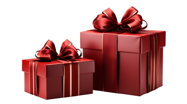 Elegant red gift boxes with black and red ribbons, both open and closed, isolated on transparent background.