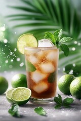 Fototapeta premium Refreshing cocktail with lime and mint surrounded by fresh limes in a tropical setting