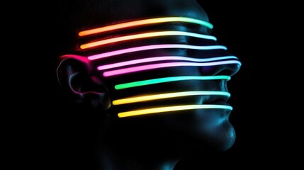 A profile of a face illuminated with colorful neon lines against a dark background.