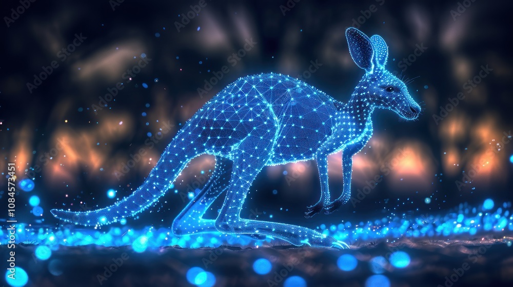 Poster a stylized digital rendering of a kangaroo, composed of glowing lines and points, hopping in front o