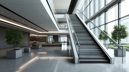 Fototapeta premium Modern office lobby with a wide staircase and large windows, featuring minimalistic design and indoor greenery for contemporary aesthetics and natural light.