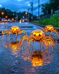 Futuristic Glass Spiders on Wet Pavement at Dusk