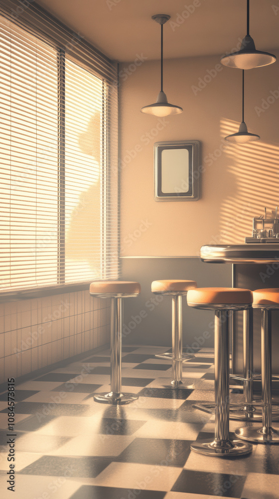 Poster sunlit retro diner with checkered floor and bar stools, ai