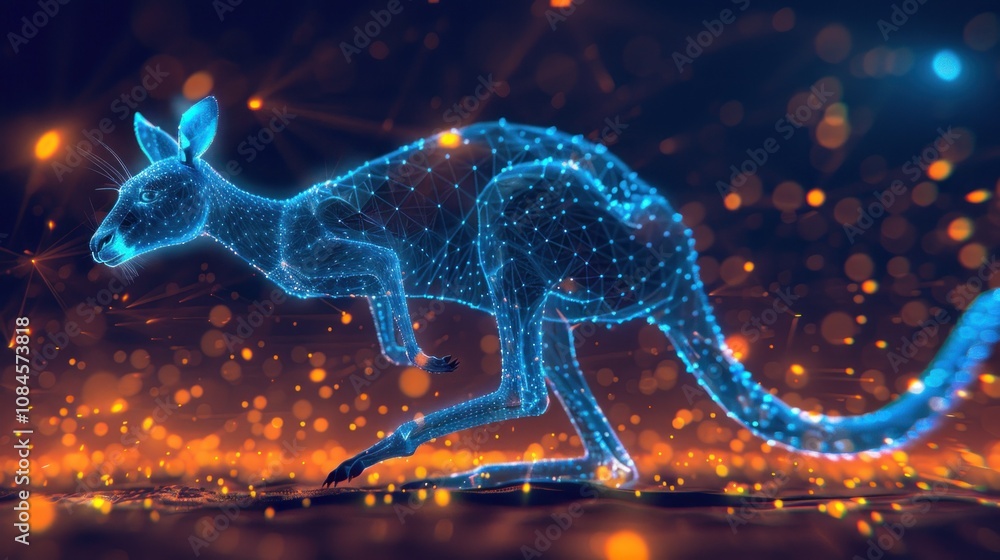 Poster a digital illustration of a kangaroo in a wireframe style against a dark background with glowing lig