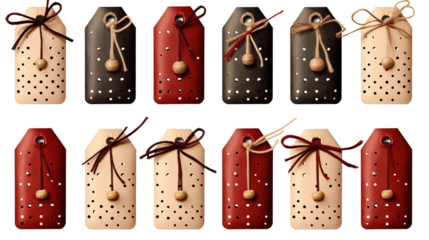 A set of Christmas gift tags tied with rustic twine, perfect for adding a personal touch, isolated on transparent background.