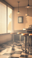 Sunlit retro diner with checkered floor and bar stools, AI