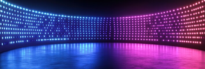 Authentic concave LED display for a wall or platform. Large TV display depicted in a vector illustration with neon blue and purple dot lights. Stadium digital scoreboard with diode lights