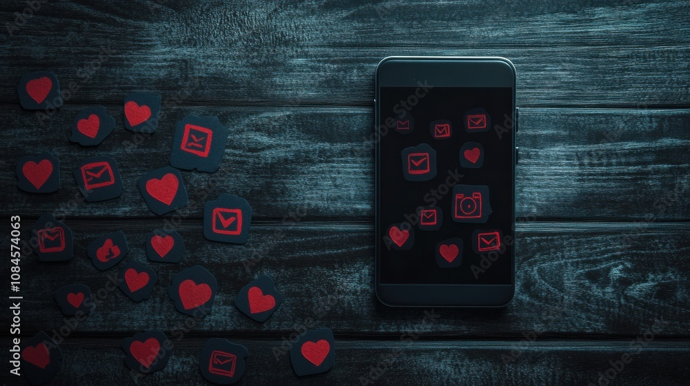 Poster a smartphone rests on a wooden surface with various notification icons around it, illustrating socia