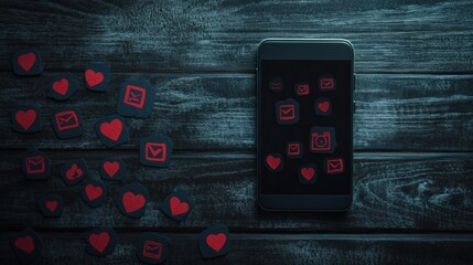 A smartphone rests on a wooden surface with various notification icons around it, illustrating social media interactions in modern life. Generative AI