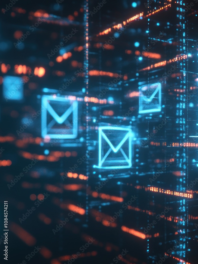 Aufkleber digital representation of email communication with glowing icons in a cybernetic environment.