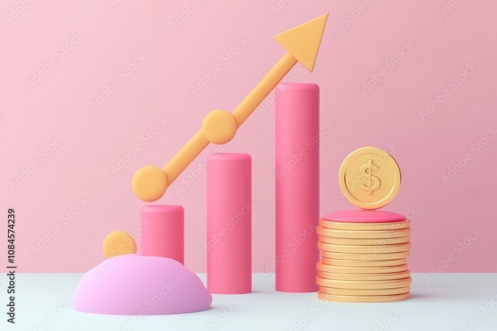 Poster a colorful 3d representation of growth in business with graphs and coins.