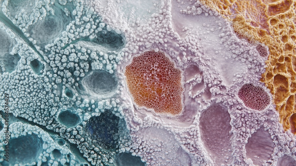 Poster vibrant microscopic examination reveals diverse cellular structures with unique textures and pattern