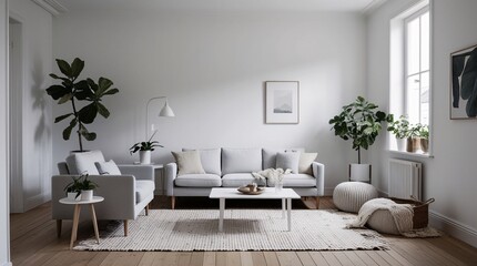 A bright living room features minimalist furniture, including a light gray sofa and armchairs, surrounded by lush greenery