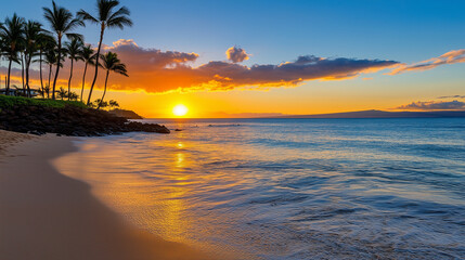 Sunset Over Tranquil Beach With Palm Trees