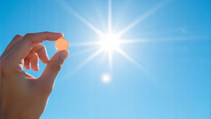 Person holding a vitamin D supplement tablet against a bright blue sky and sun rays