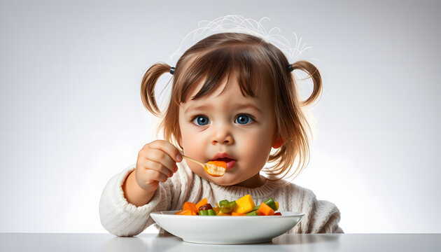 Little girl toddler picking her food, making faces isolated with white highlights, png