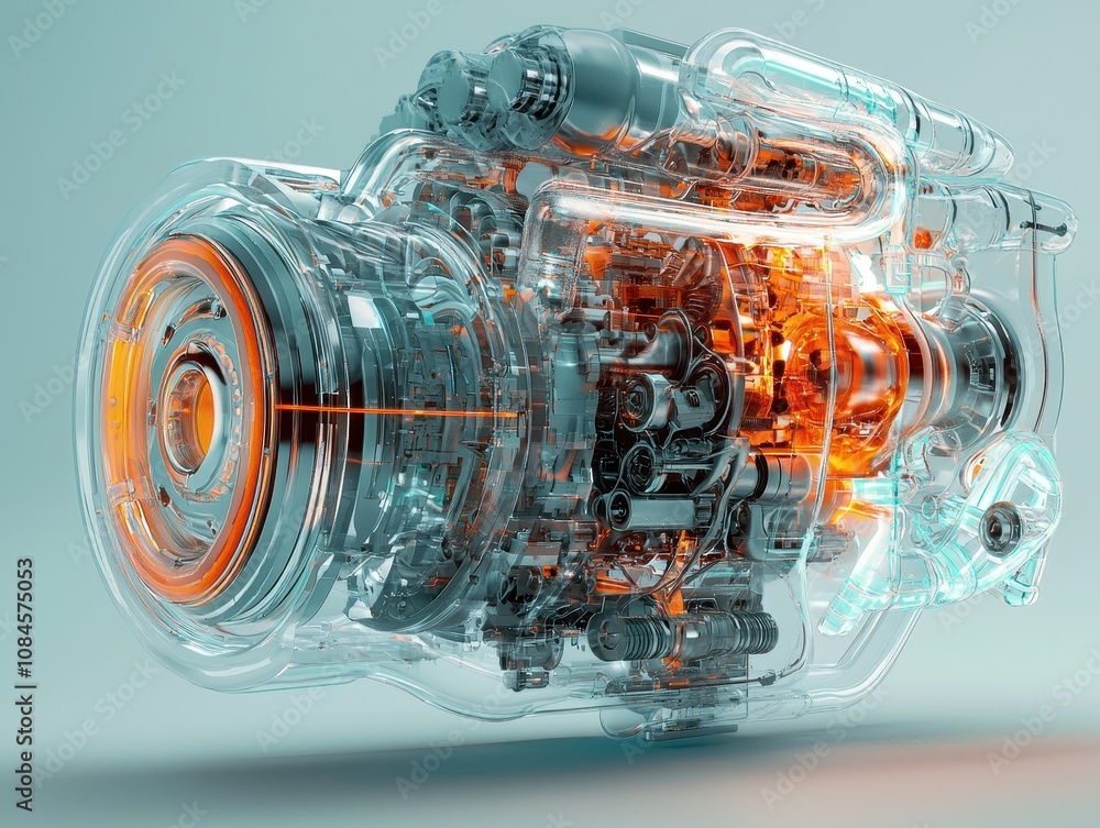 Poster high-tech transparent engine design showcasing complex mechanical components with neon highlights in